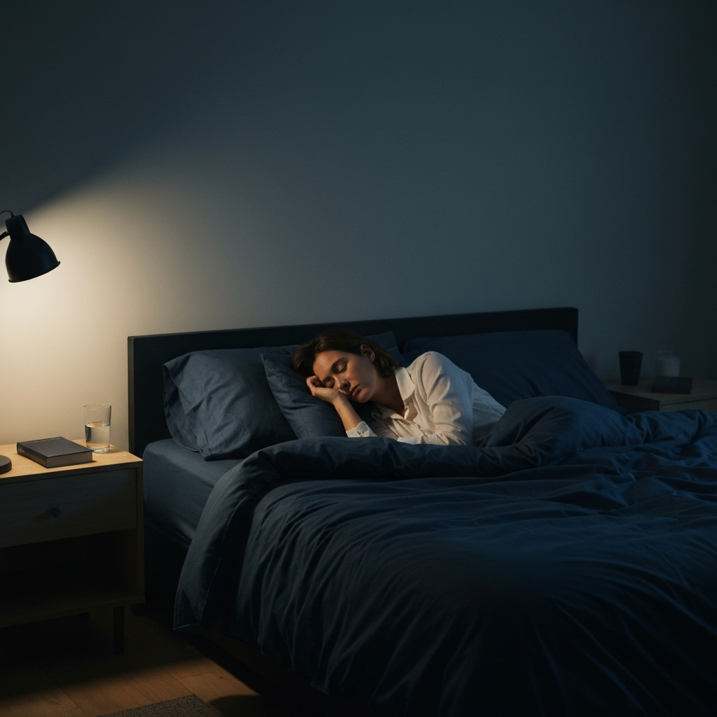 A dimly lit bedroom with soft, indirect lighting. A person is asleep in a comfortable bed with dark blue sheets and a plush duvet. The room is uncluttered, with a small bedside table holding a book and a glass of water. Focus on the textures of the bedding and the soft, diffused light.