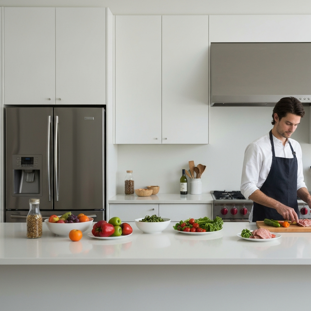 A brightly lit kitchen with stainless steel appliances. A person is preparing a healthy meal with fresh vegetables, lean protein, and whole grains. The counter is clean and organized, with colorful fruits and vegetables on display. Focus on the textures of the food and the clean, modern environment.