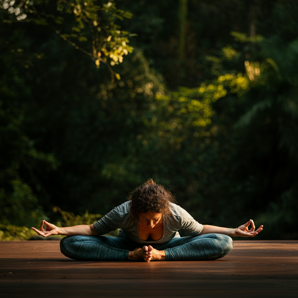 A person practicing yoga in a peaceful outdoor setting. The background is a lush green forest with dappled sunlight filtering through the trees. The person is wearing comfortable clothing and has a serene expression on their face. Focus on the natural beauty of the environment and the person's calm demeanor.
