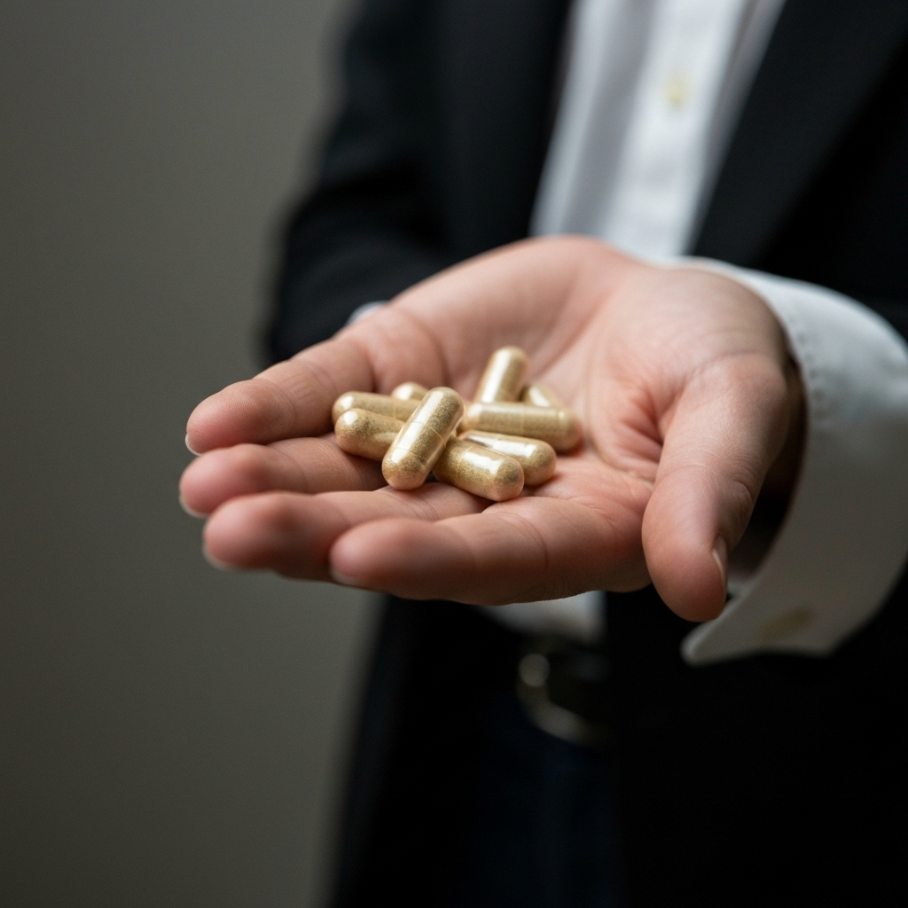 A close-up shot of a hand holding a few supplement capsules. The background is blurred, with a focus on the details of the capsules and the person's hand. The lighting is soft and even, highlighting the textures and colors.