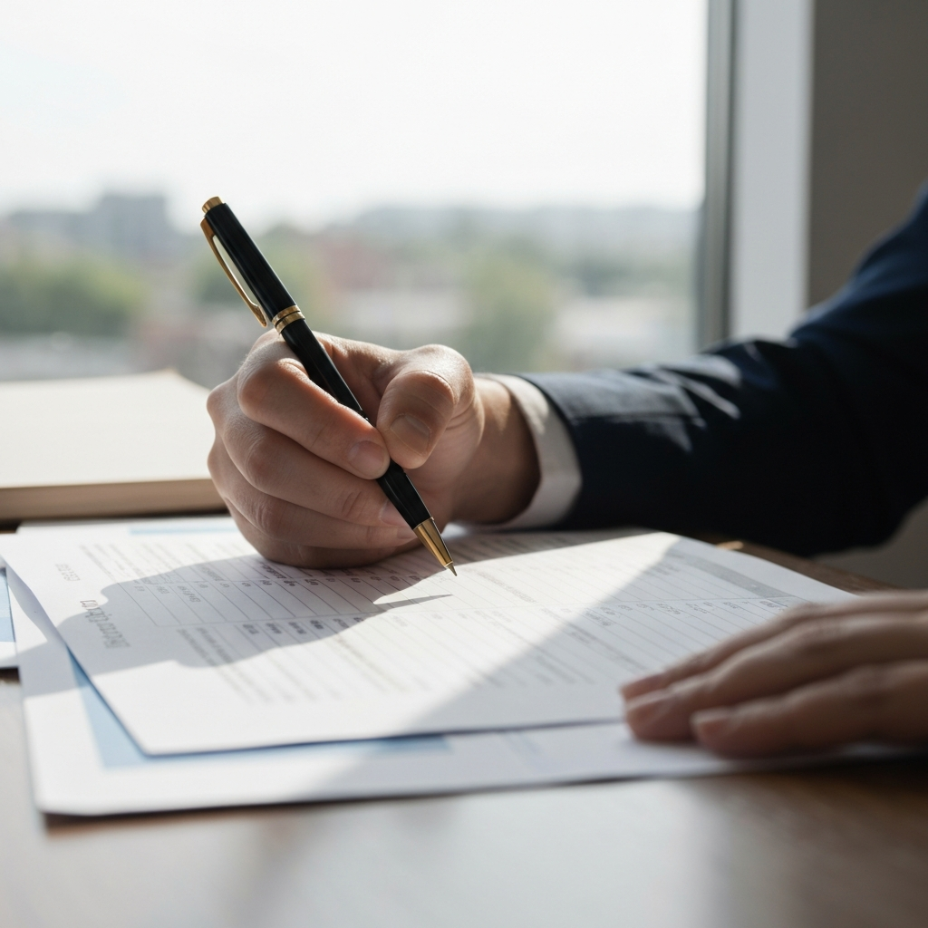 A close-up shot of a hand writing numbers in a budget planner. Soft, natural light from a nearby window illuminates the pen and paper. The background is blurred, showcasing other financial documents.