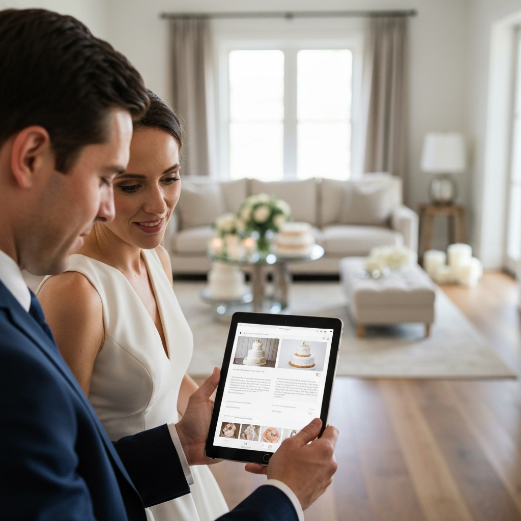 A medium shot of a bride and groom looking at a tablet together. The tablet displays wedding cake designs on Pinterest. Soft bokeh effect in the background shows a well-lit living room with wedding decorations.