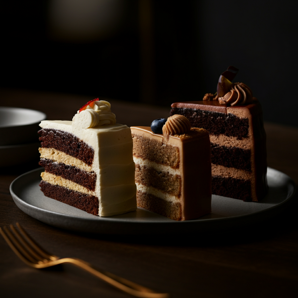 A close-up of cake slices on a tasting platter. The cakes are various flavors, with visible textures in the frosting and sponge. Golden hour lighting illuminates the scene from the side, accentuating the detail.