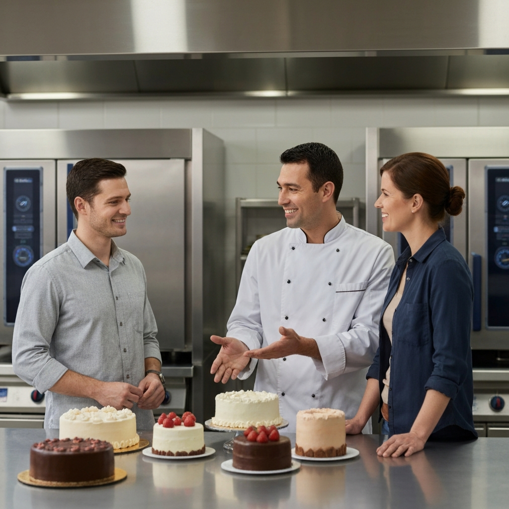 A medium shot of a baker consulting with a couple in a professional bakery kitchen. The baker is smiling and gesturing toward a display of cake samples. The kitchen is clean and well-lit, with stainless steel appliances in the background.