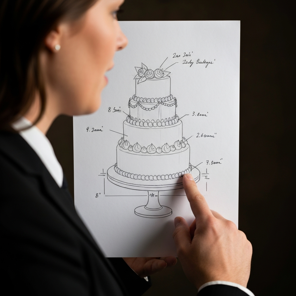 A close-up shot of a hand pointing at a detailed sketch of a wedding cake. The sketch includes dimensions, decorations, and frosting styles. Soft, diffused light evenly illuminates the drawing.