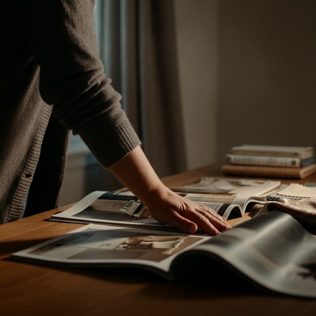 A brightly lit home office with a designer reviewing fabric swatches and interior design magazines on a wooden desk. Soft bokeh from the window creates a professional and comfortable atmosphere.