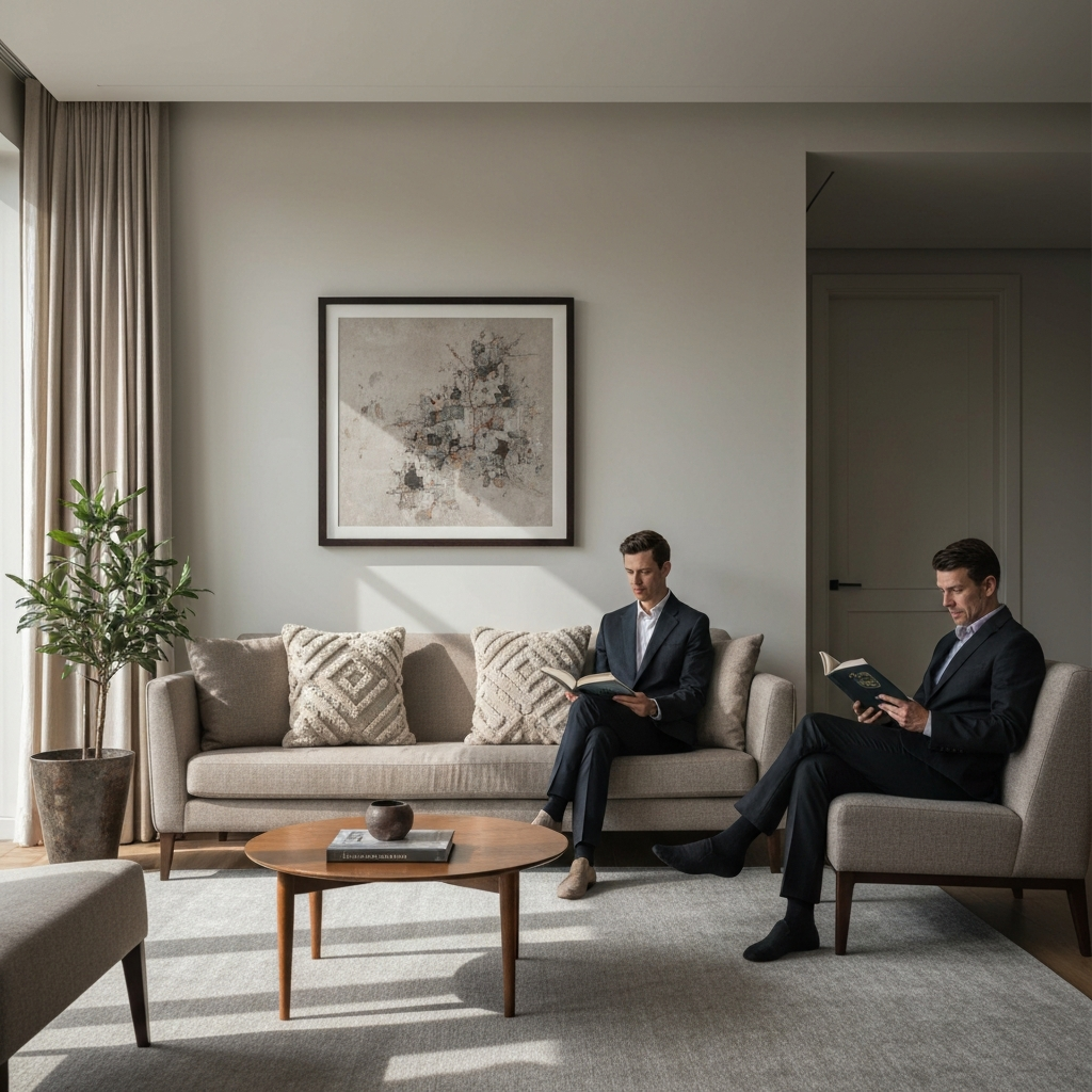A living room with a warm color palette and textured cushions on a sofa. Natural light floods the room, highlighting the details of the furniture and décor. A person is reading a book.