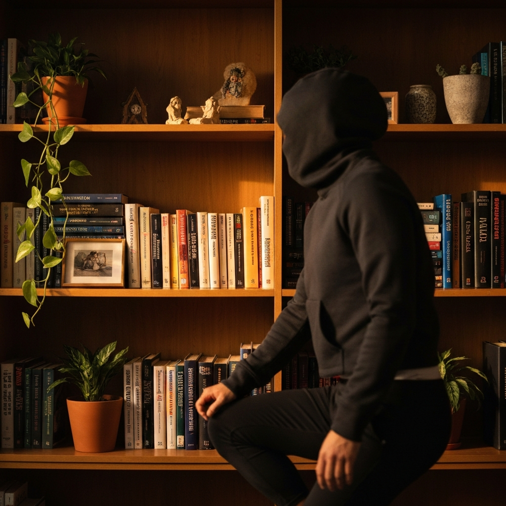 A close-up shot of a bookshelf filled with books, plants, and personal mementos. Side-lit textures and golden hour lighting enhance the warm and inviting atmosphere.