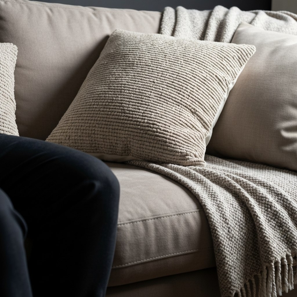 A close-up shot of a sofa adorned with textured throw pillows in neutral tones and a soft, woven blanket. The image is side-lit, highlighting the textures and creating a cozy atmosphere.