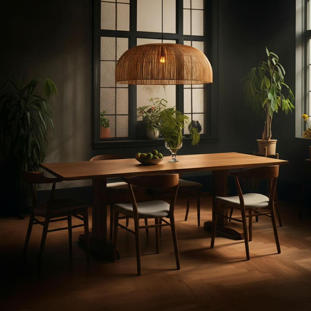 A dining room with a solid wood table and comfortable chairs. Natural light streams through the windows, creating a warm and inviting atmosphere. Plants are placed around the room to add a touch of nature.