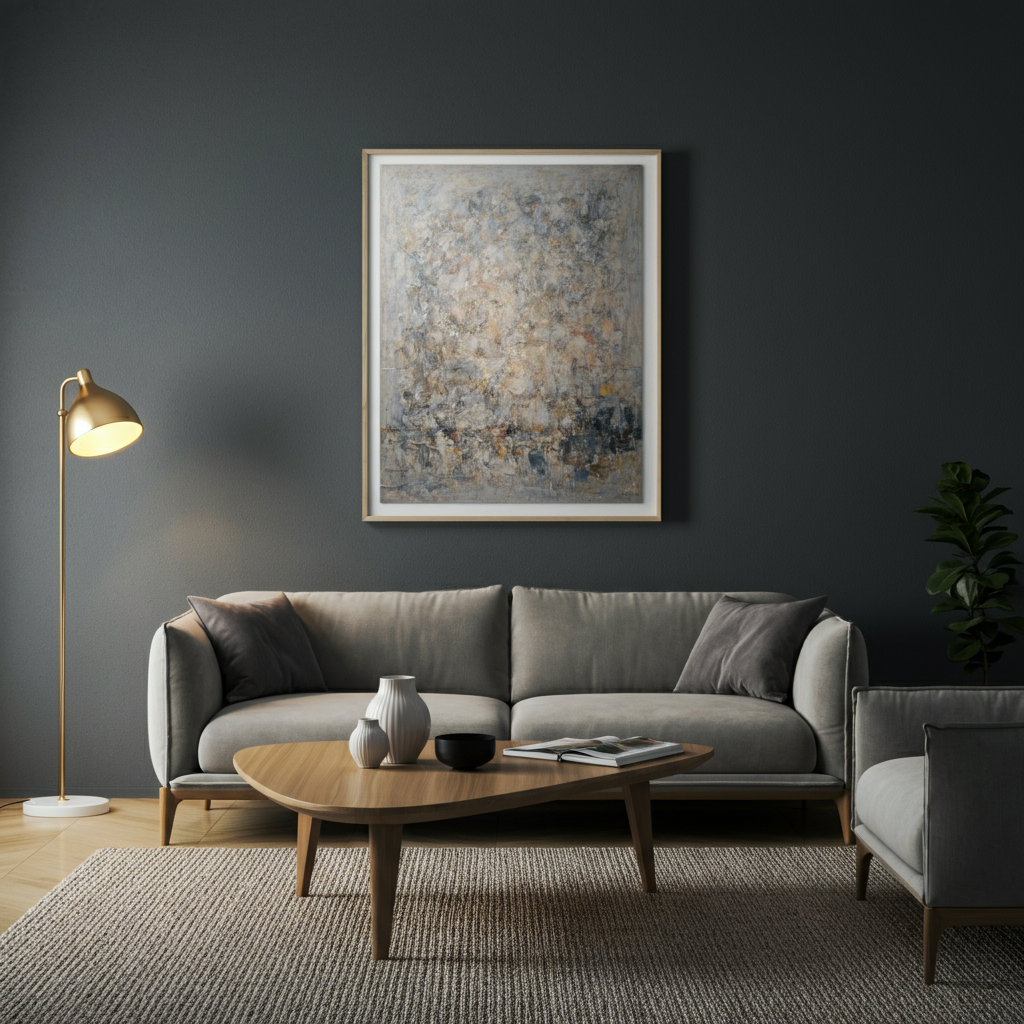 A modern living room featuring a large, abstract painting on the wall. The painting is well-lit, drawing the eye and creating a focal point. The rest of the room is decorated in a minimalist style.