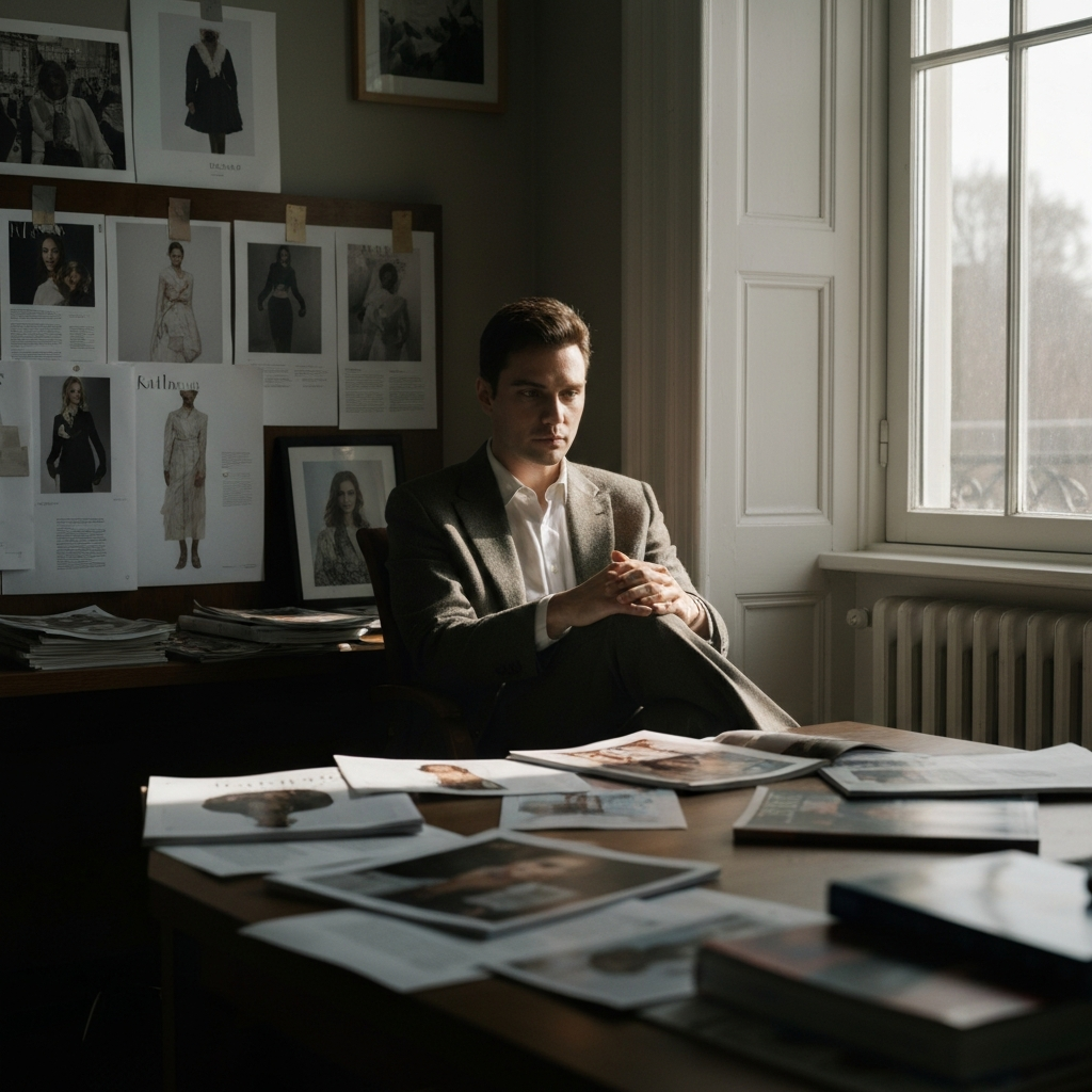A person sitting comfortably in a well-lit study, surrounded by fashion magazines and mood boards. Soft natural light streams through the window, highlighting the textures of the paper and fabrics.