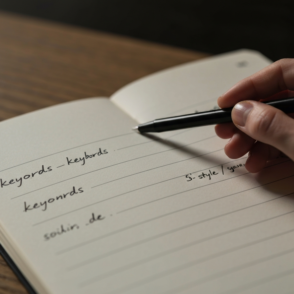 A close-up shot of a notebook with handwritten keywords and style sketches. The paper has a slightly textured feel, and the penmanship is neat and purposeful. Soft, diffused lighting creates a calm and focused atmosphere.