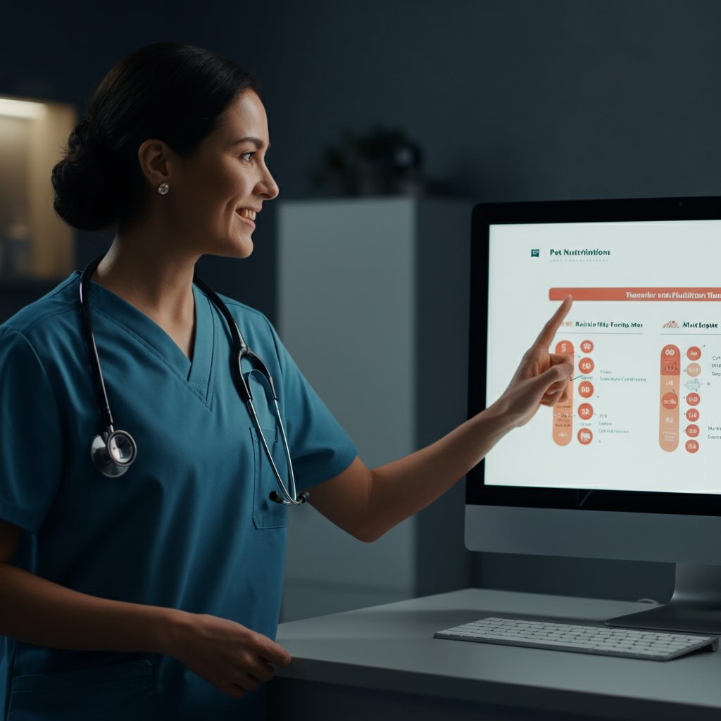 A veterinarian in a brightly lit, modern office, smiling and pointing to a chart depicting pet nutritional guidelines. The chart is displayed on a large monitor with clear, easy-to-read graphics. Soft bokeh on the background office equipment.
