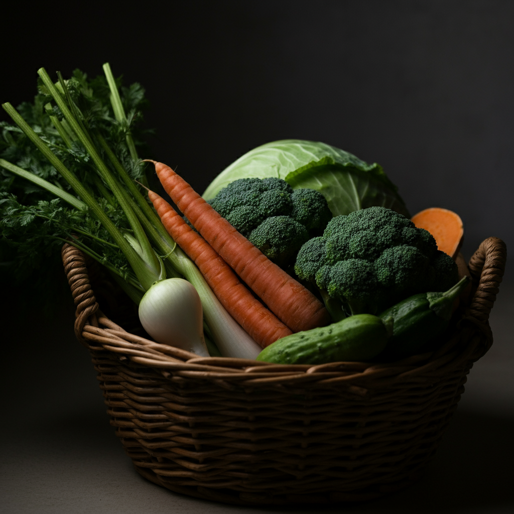 A close-up shot of various organic vegetables (carrots, broccoli, sweet potatoes) in a woven basket. Soft, natural light highlights the vibrant colors and textures of the vegetables. Focus on the detail of the produce.