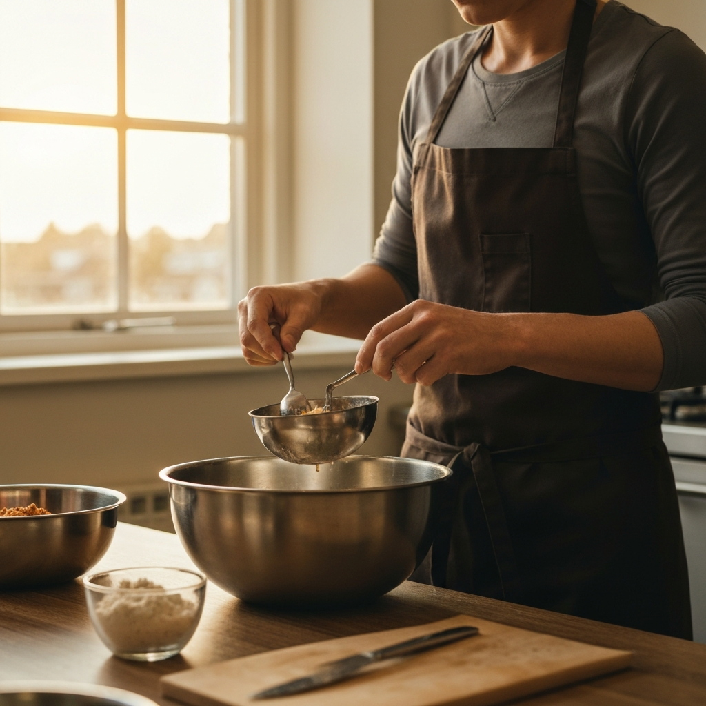 A person wearing an apron in a clean, modern kitchen, carefully measuring ingredients into a stainless steel mixing bowl. Natural light streams in from a nearby window, illuminating the workspace. Focus on the textures of the ingredients.