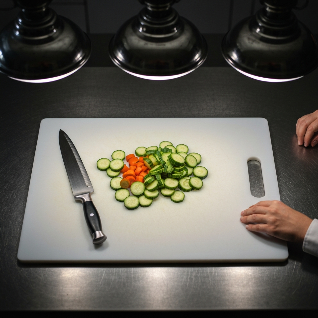 A stainless steel cutting board with freshly chopped organic vegetables. A chef's knife rests beside the vegetables. The scene is well-lit with overhead lighting, highlighting the cleanliness and organization of the workspace.