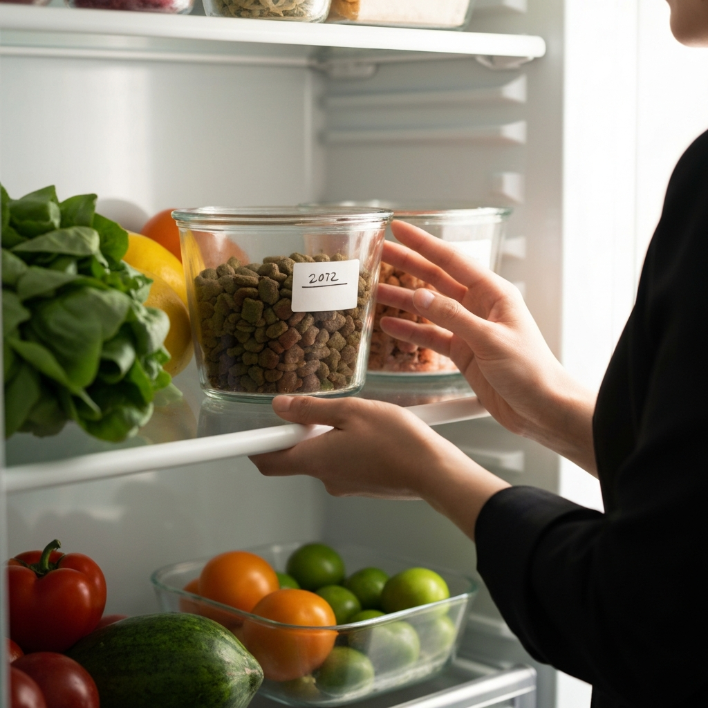 A glass container filled with freshly prepared pet food in a refrigerator. The container is labeled with the date. Other fresh produce and healthy food items are visible in the background. Soft, diffused light fills the refrigerator.