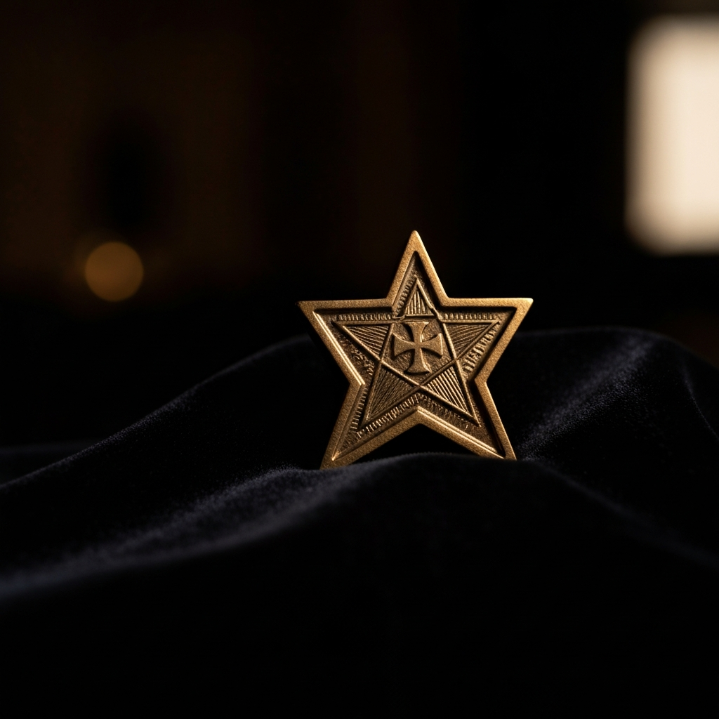 A close-up of an Eastern Star emblem, side-lit to highlight its intricate design and textures, placed on a dark velvet background. Soft bokeh in the background.