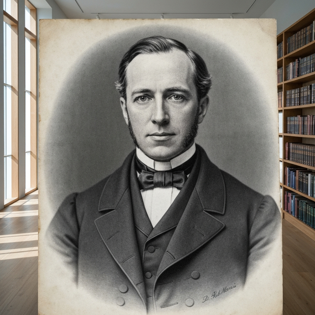 A photograph of Dr. Rob Morris, rendered in black and white with a slightly aged filter. The portrait is well-lit, focusing on his facial features and clothing from the 19th century. The background is a blurred library setting.