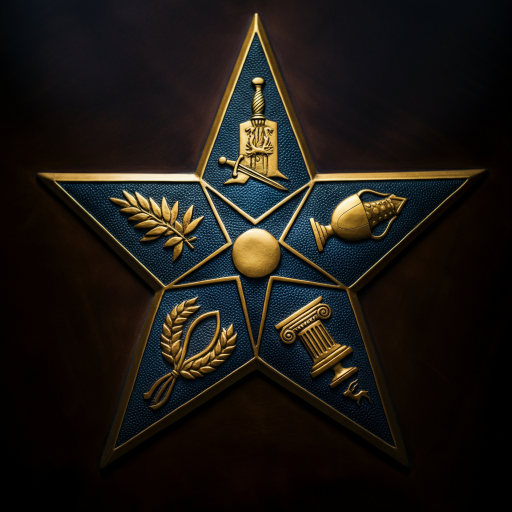 A close-up, top-down shot of a five-pointed star emblem. Each point is a different color (blue, yellow, white, green, red) and contains a unique symbol, such as a sword, sheaf of barley, crown, broken column, and cup. Golden hour lighting enhances the textures of the materials.