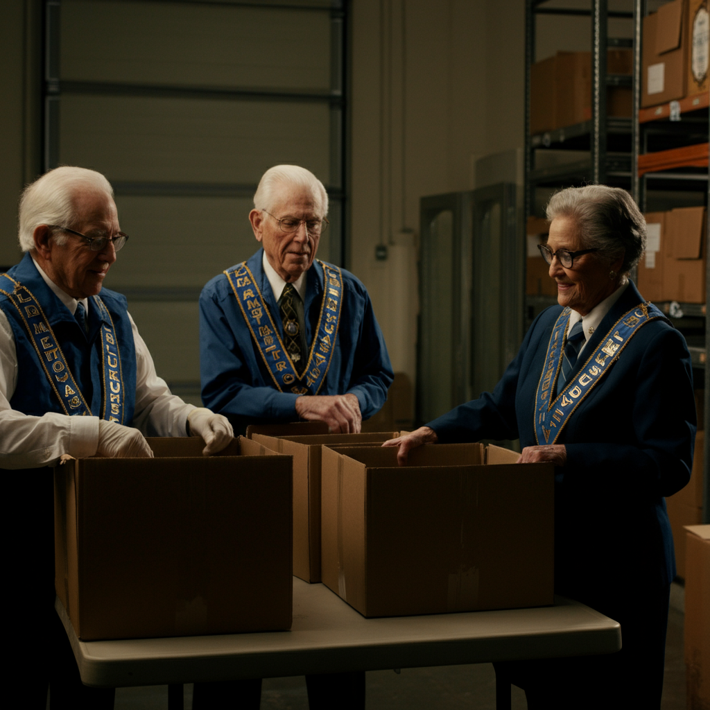 A group of Eastern Star members volunteering at a local food bank. They are sorting and packing food items. The scene is brightly lit, and everyone is wearing appropriate volunteer attire.