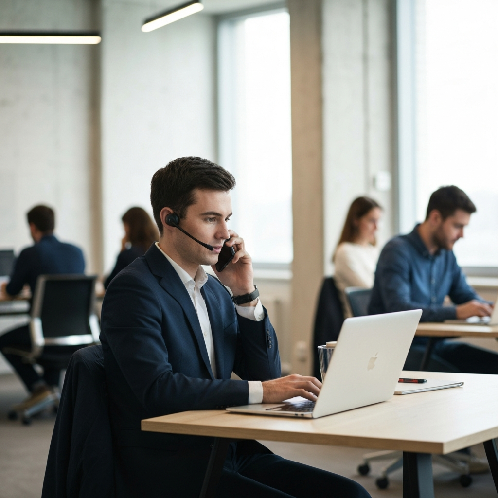 A brightly lit co-working space, several people working at laptops, one person engaged in a phone call with a headset, soft bokeh effect in the background.