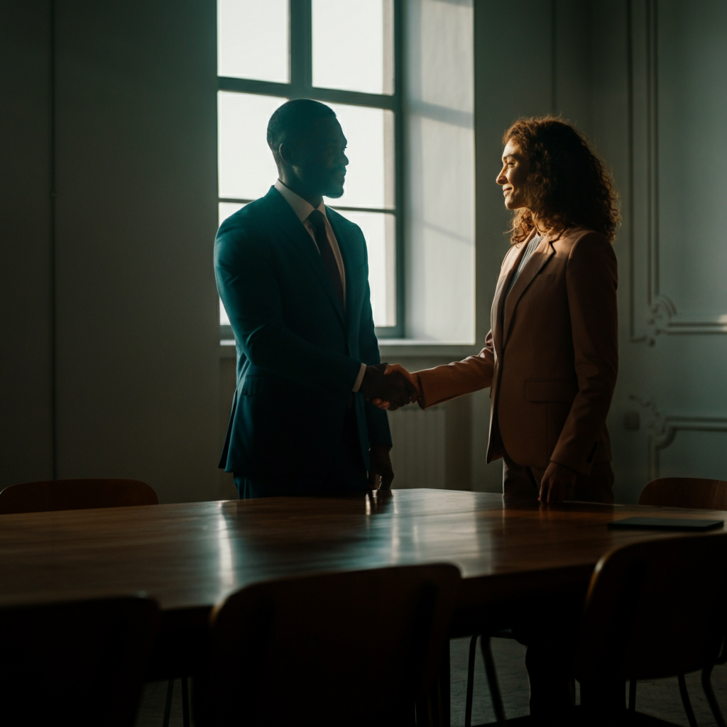Two professionally dressed individuals standing in a brightly lit conference room, shaking hands after a meeting. Natural light streaming through a large window creates highlights on their faces.