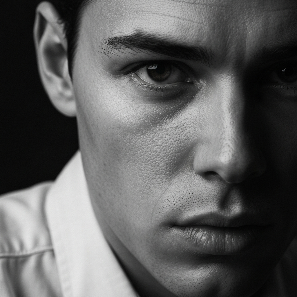 Close up of a person's face, serious expression, intense focus, side-lit to emphasize the textures and contours of their face.