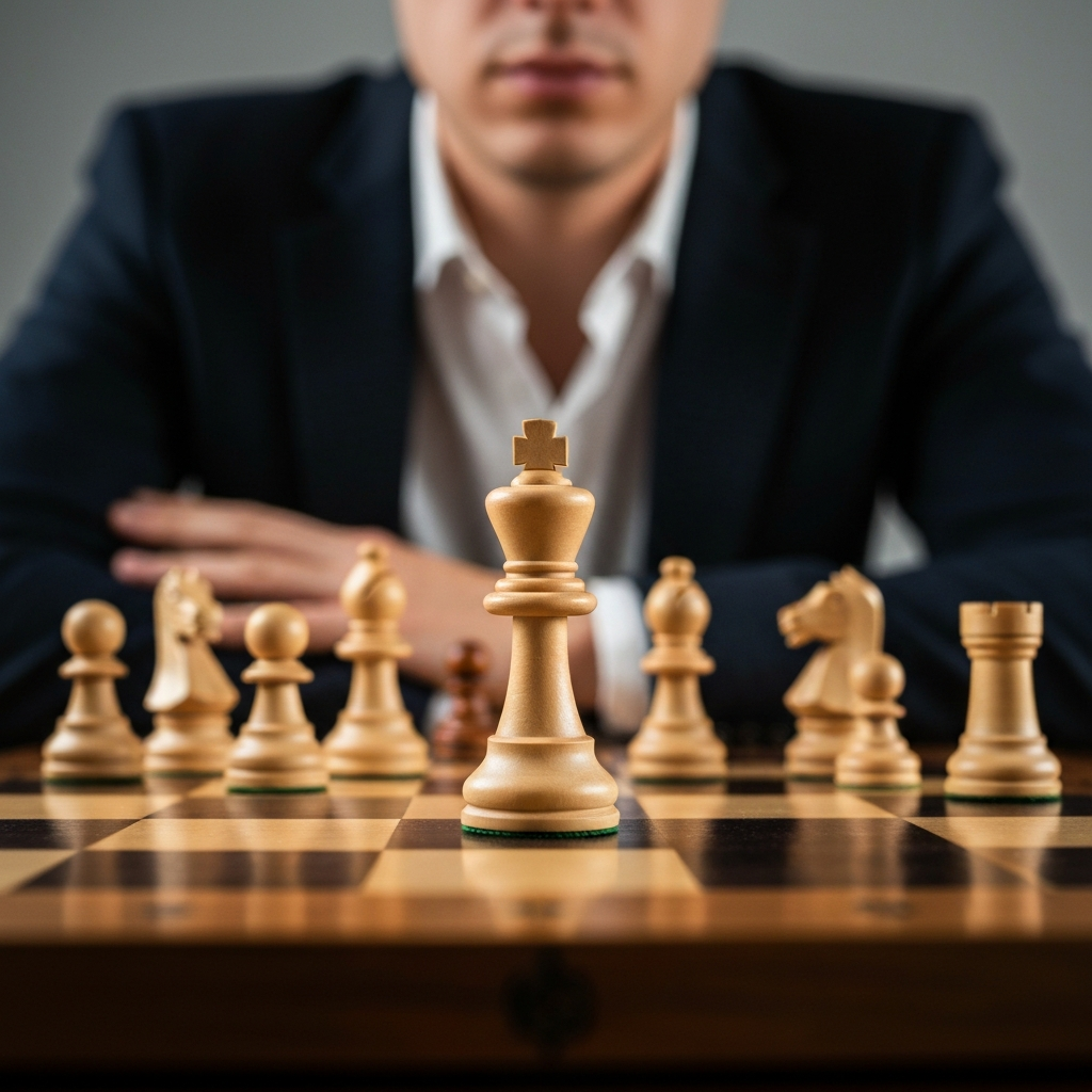 A chessboard with pieces strategically positioned, soft focus on the background, sharp focus on the central pieces, warm, inviting lighting.