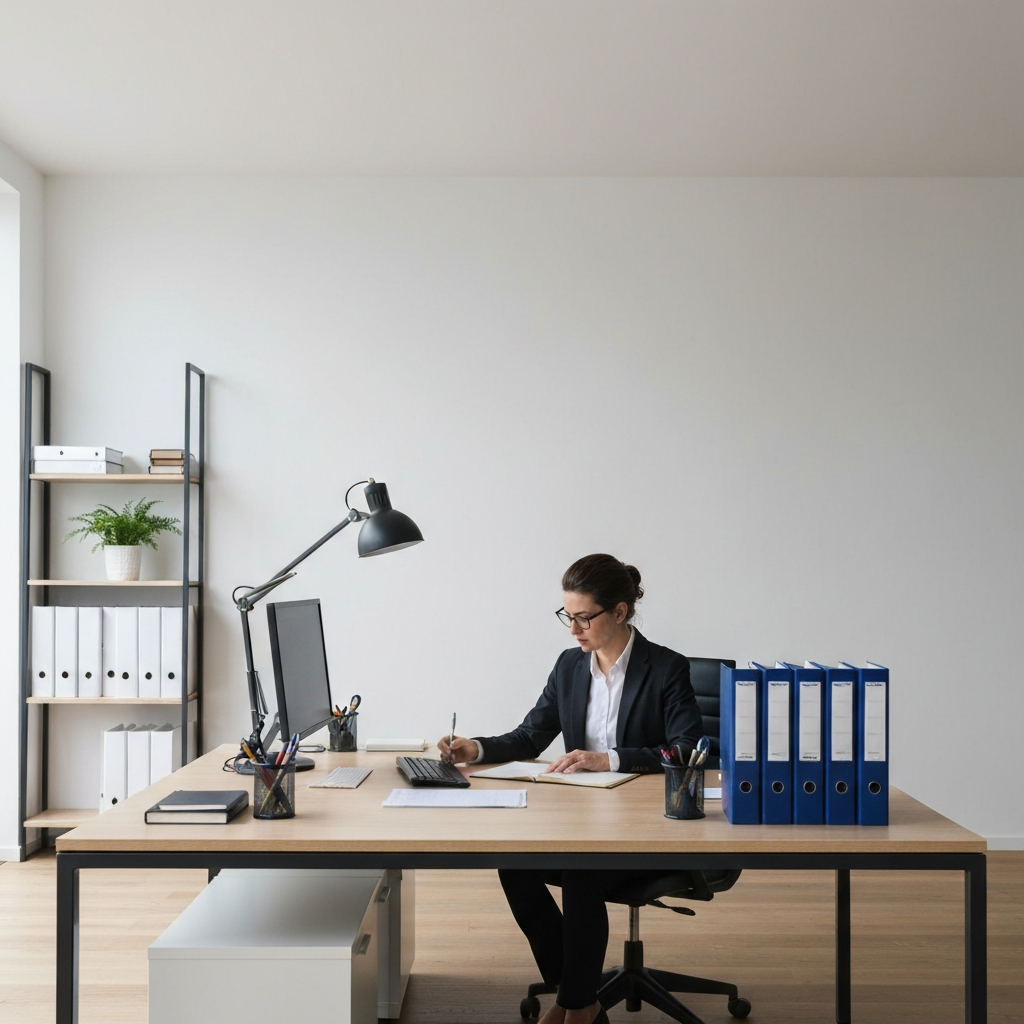A person working diligently at their desk, organizing files and securing sensitive documents, strong overhead lighting, clean and professional workspace.