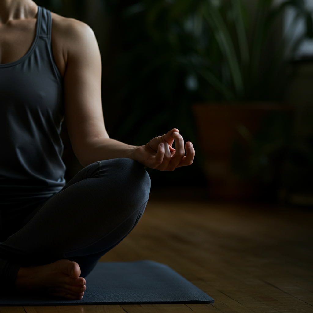 A person meditating in a peaceful setting, soft, natural lighting, calm and serene atmosphere, green plants in the background.