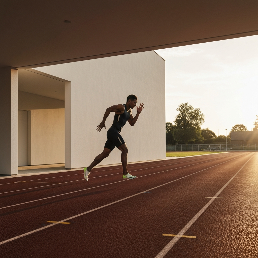 A well-maintained track with a sprinter mid-stride during a sprint. The golden hour lighting casts long shadows. The sprinter is in focused concentration, wearing professional running gear. The texture of the track is visible, and the background is blurred to emphasize movement.