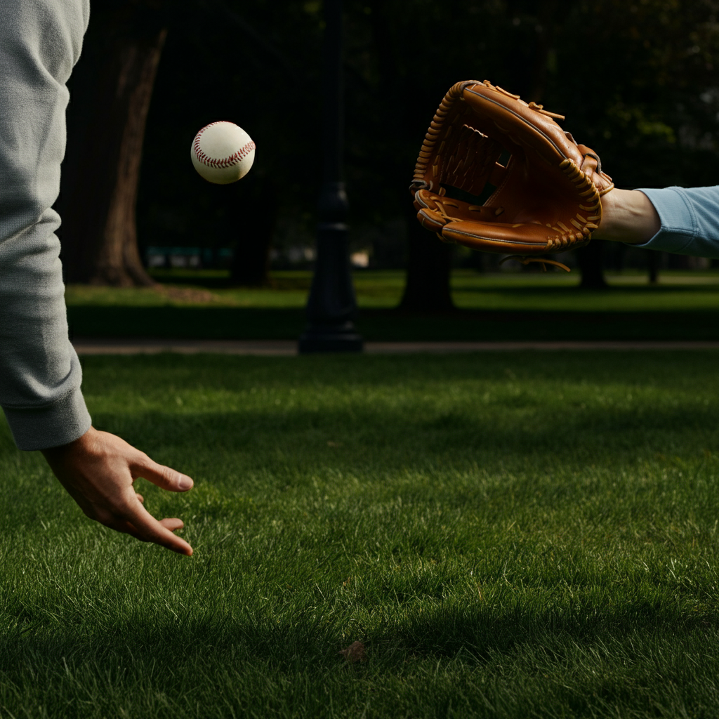 A park setting with two people playing catch. One person is throwing a baseball, and the other is reaching out to catch it. The scene is bathed in soft, diffused sunlight, and the grass is green and lush. The textures of the baseball and gloves are clearly visible.