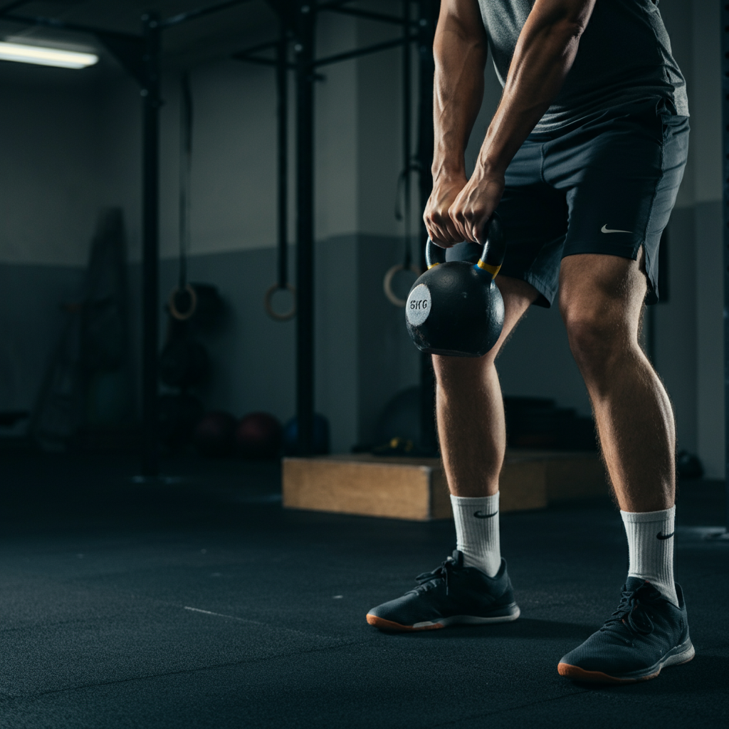 A weightlifting gym with a person performing a kettlebell swing. The gym is brightly lit, and the kettlebell is in motion. The person is wearing appropriate weightlifting attire and demonstrating proper form. The texture of the kettlebell and the gym floor are visible.