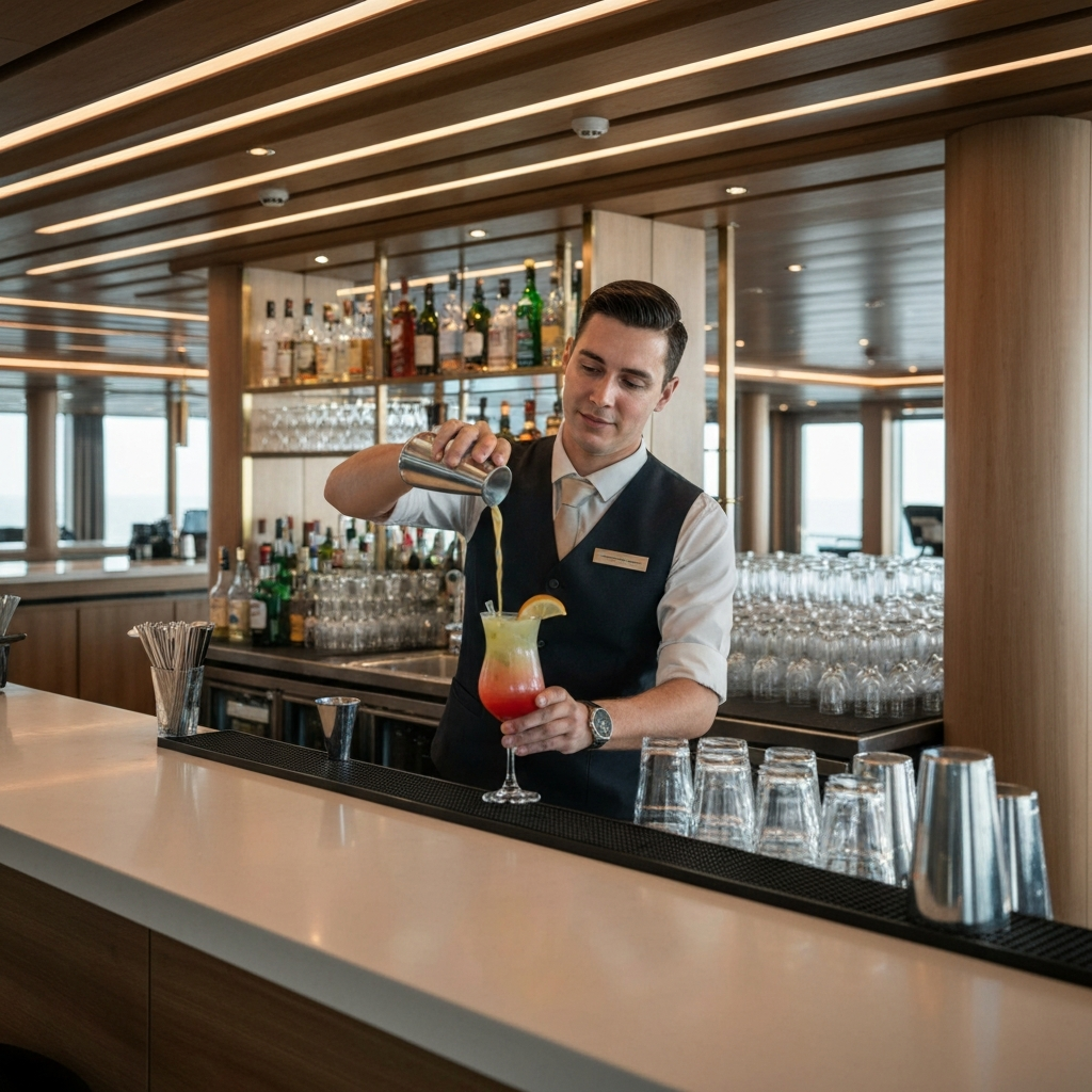 A bartender in a modern cruise ship bar expertly pouring a vibrant, layered mocktail. The bar is well-lit with ambient lighting, showcasing various bottles and glassware. The bartender is wearing a crisp, clean uniform and has a friendly, professional demeanor.