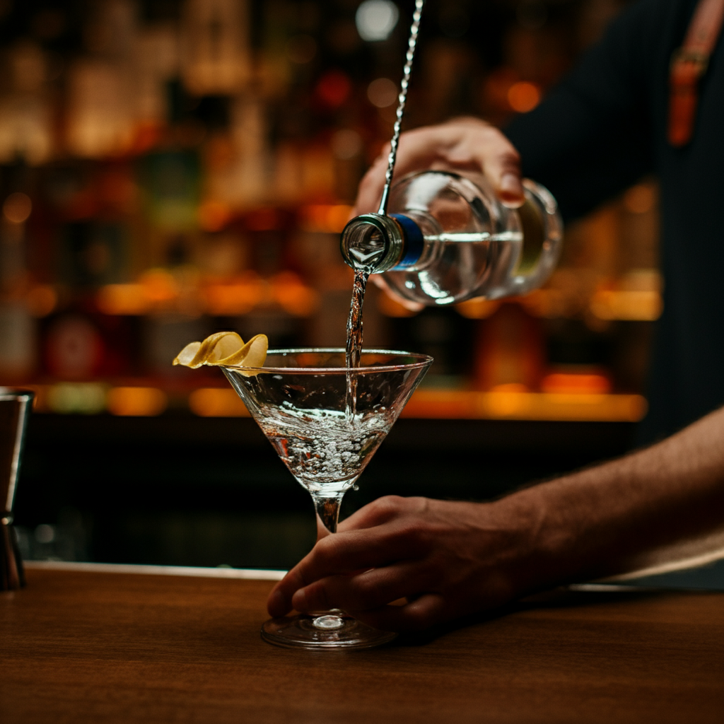 A close-up shot of a bartender's hands carefully pouring top-shelf vodka into a martini glass. The scene is dimly lit with a warm, inviting glow, highlighting the clarity and texture of the liquor. The background features blurred bottles and bar accessories.