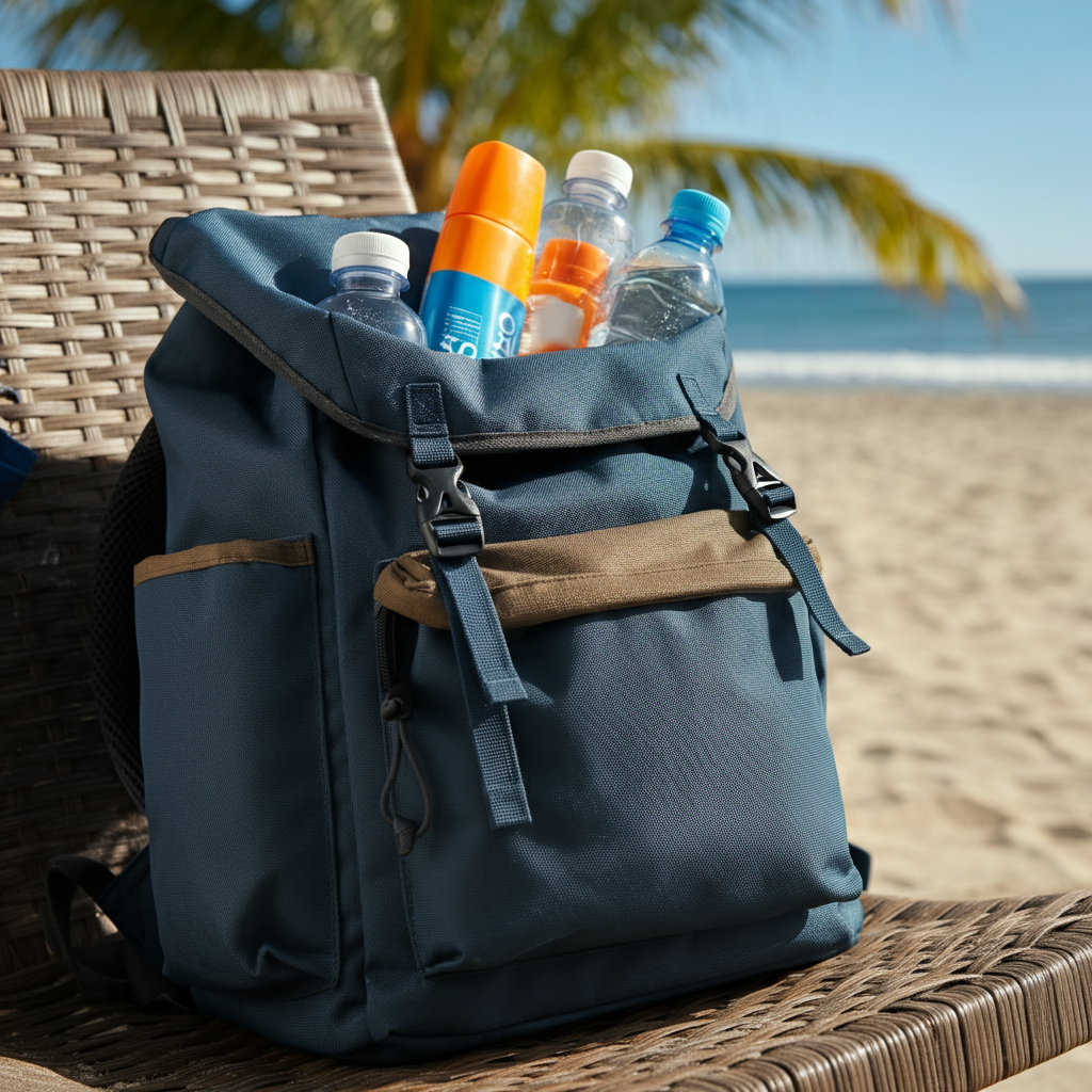 A backpack filled with water bottles and sunscreen, resting on a deck chair under the shade of a palm tree. The scene is brightly lit, showcasing the vibrant colors of the beach and ocean in the background. Focus on the texture of the woven chair and the condensation on the water bottles.