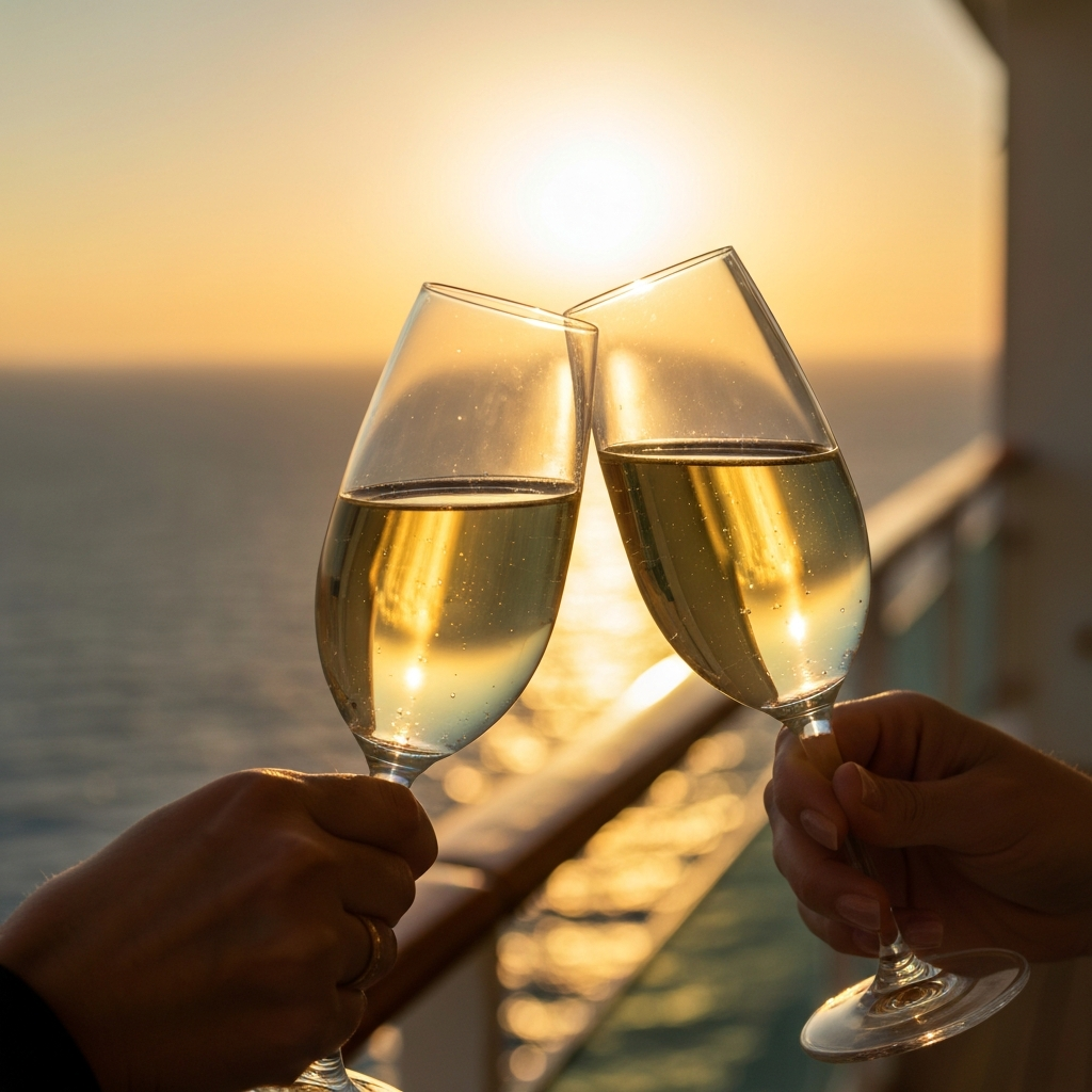 Two champagne flutes being clinked together on a cruise ship balcony at sunset. The scene is bathed in golden hour lighting, creating a warm and romantic atmosphere. Focus is on the rim of the glasses and the blurred ocean view in the background. 