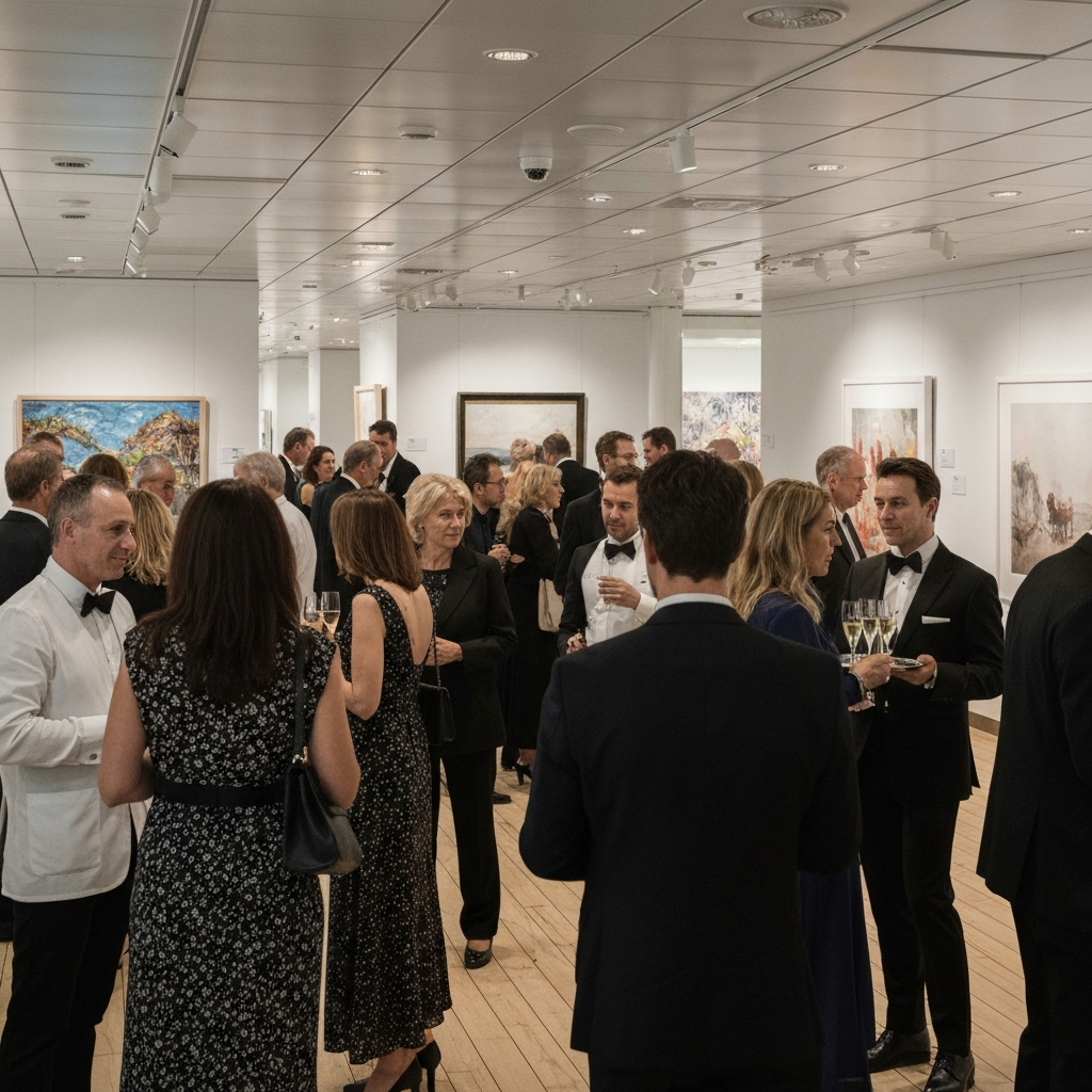 A well-dressed crowd mingling at an art auction on a cruise ship. The scene is brightly lit with professional gallery lighting, showcasing various artwork pieces. Servers are seen offering trays of champagne to guests.