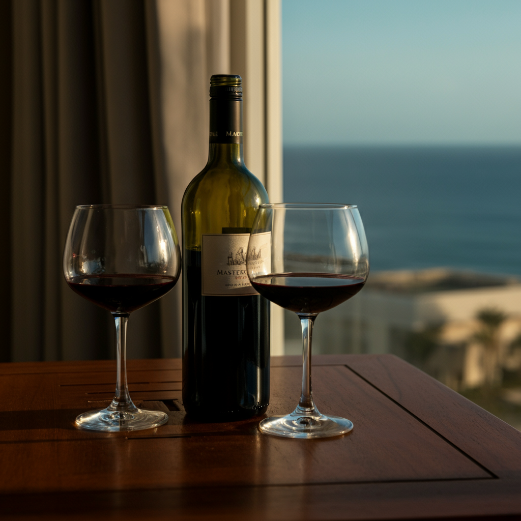 A bottle of red wine and two wine glasses on a stateroom balcony table, with a view of the ocean. The scene is lit with soft, natural light, creating a relaxing and inviting atmosphere. Focus on the texture of the wooden table and the condensation on the wine bottle.