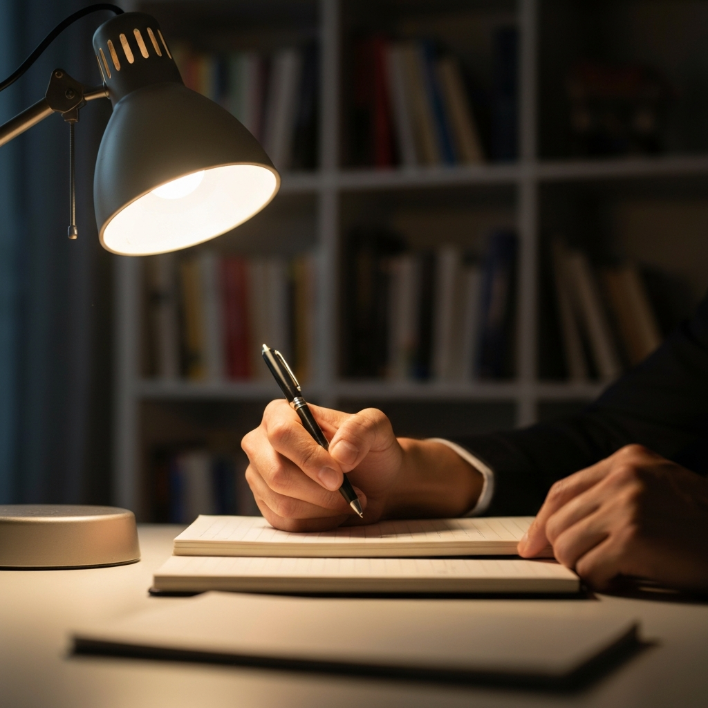 A close-up shot of a hand holding a pen over a notebook, softly lit by a desk lamp, with a blurred bookshelf in the background.