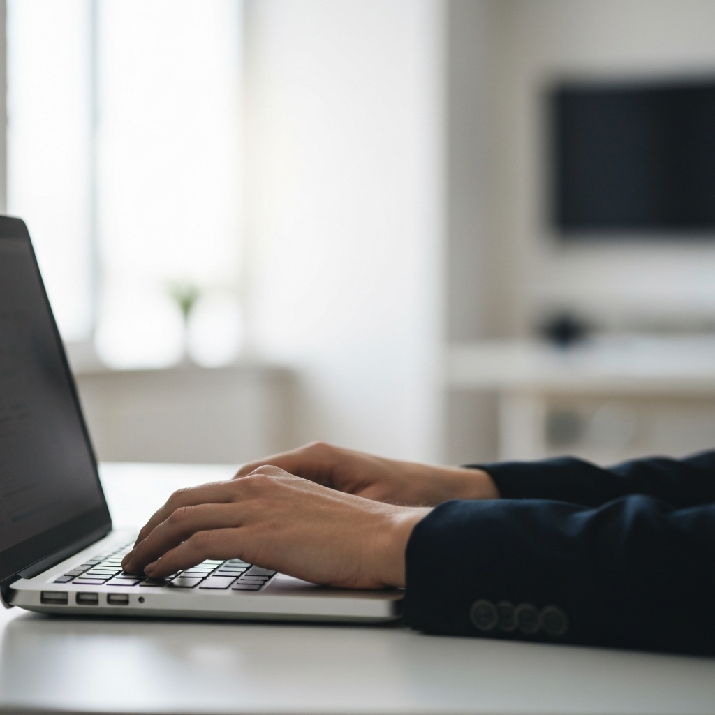 A side-lit close-up of a person's hands typing on a laptop keyboard, with a soft bokeh effect on the office environment in the background.