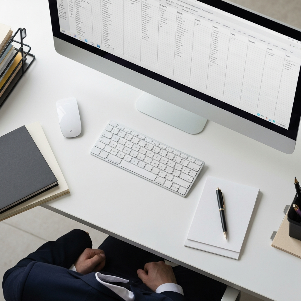 A top-down shot of a clean desk with neatly organized files, a computer monitor displaying a spreadsheet, and a pen resting on a notepad, all bathed in natural light.