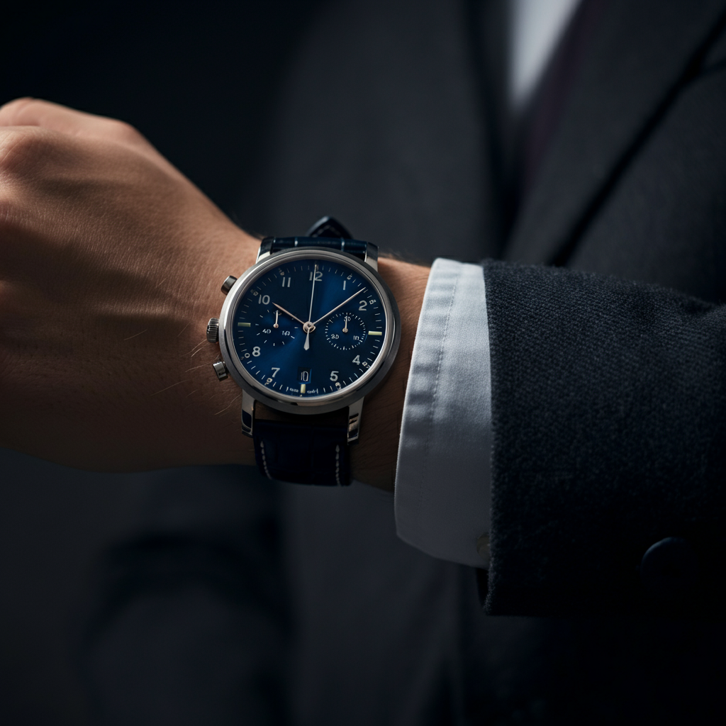 A softly lit close-up of a wristwatch showing the time, with a blurred office background creating a sense of anticipation and readiness.