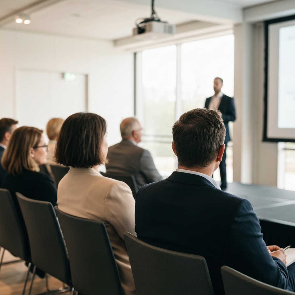 A person attending a professional conference, attentively listening to a speaker on stage, with a diverse audience in the background and focus on engagement.