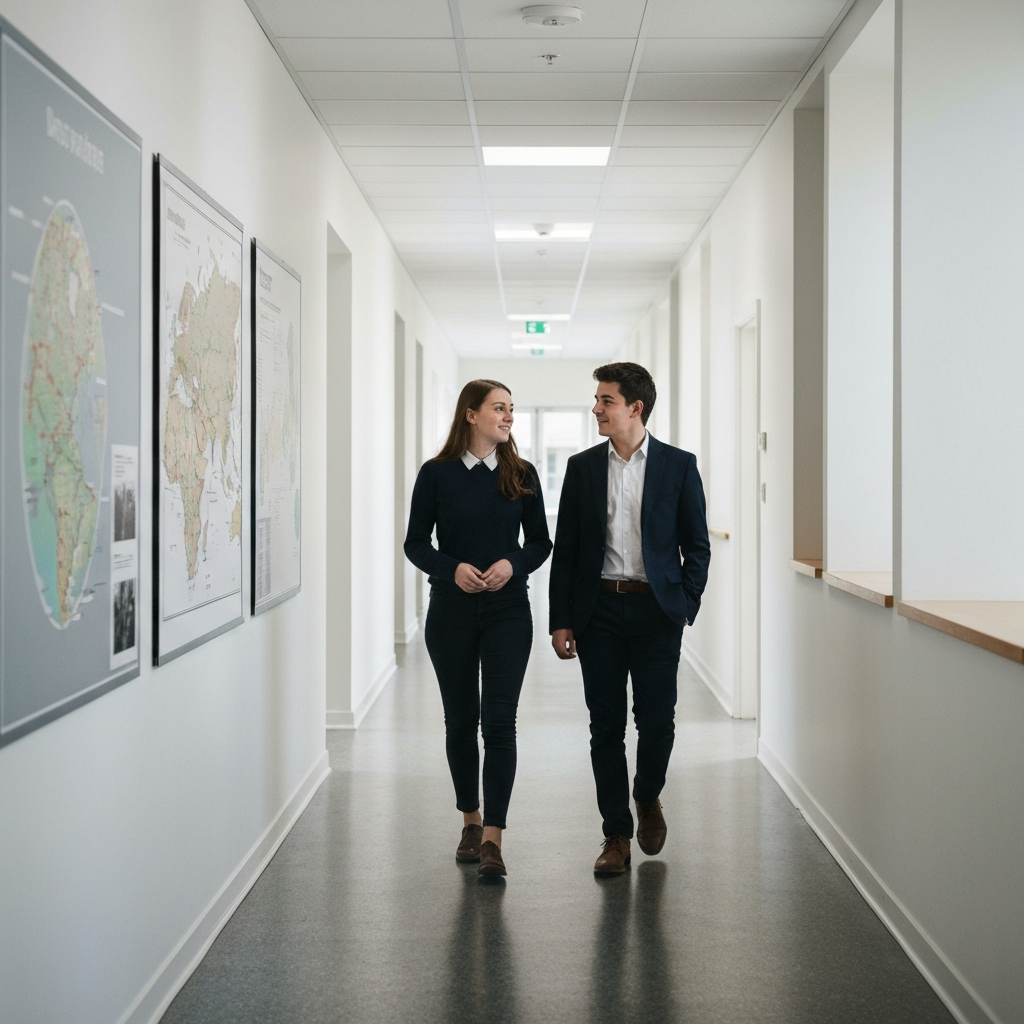 Two students walking down a school hallway, looking at a map displayed on a wall. The lighting is even and diffused, highlighting the details of the map and their focused expressions.