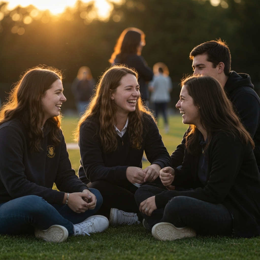 A group of students laughing and talking together at a school football game. The lighting is golden hour, creating a warm and inviting atmosphere. The textures of the grass and their clothing are clearly visible.
