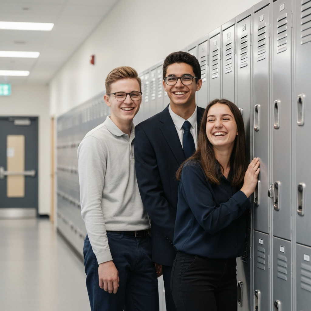 Two students standing by lockers in a school hallway, smiling at each other. The lighting is bright and even, highlighting their genuine smiles. The lockers have a slight metallic texture.