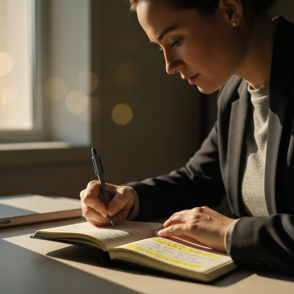 A person sits at a desk, writing in a journal. Sunlight streams in from a window, casting a warm glow on their face. The journal is open, revealing handwritten notes with positive affirmations highlighted in yellow. Soft bokeh in the background creates a sense of tranquility and focus.